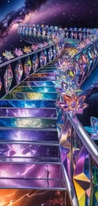 Spiral staircase with galaxy backdrop and vibrant colors.