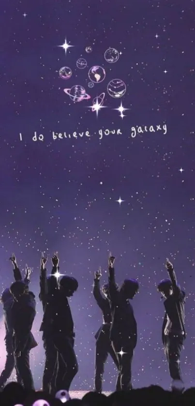 Galaxy-themed wallpaper with stars and silhouettes on a purple background.