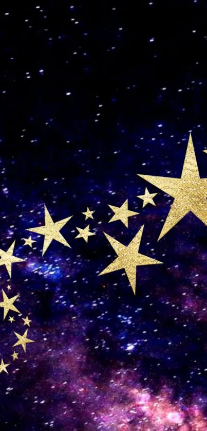 Galaxy wallpaper with golden stars on a navy blue sky.