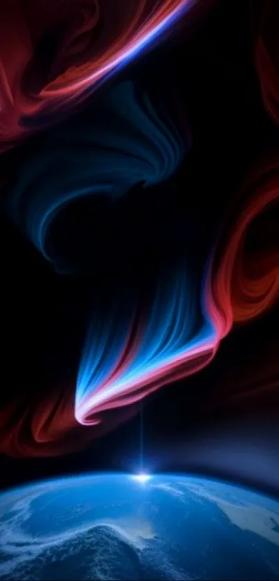 Vibrant cosmic swirl with Earth below and colorful lights above.