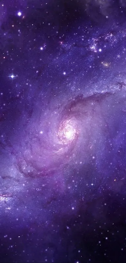 Purple galaxy swirl on a mobile wallpaper, featuring stars and cosmic patterns.