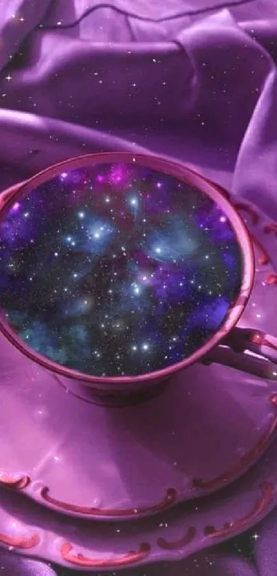 A purple teacup filled with a galaxy, on luxurious purple silk.