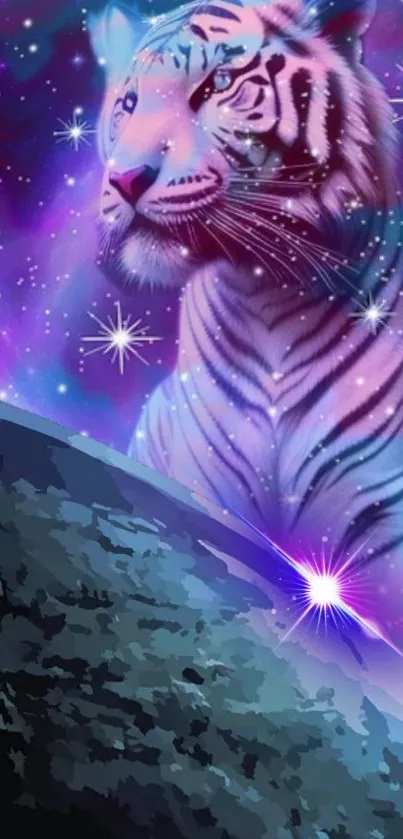 Majestic ethereal tiger in space with glowing stars.