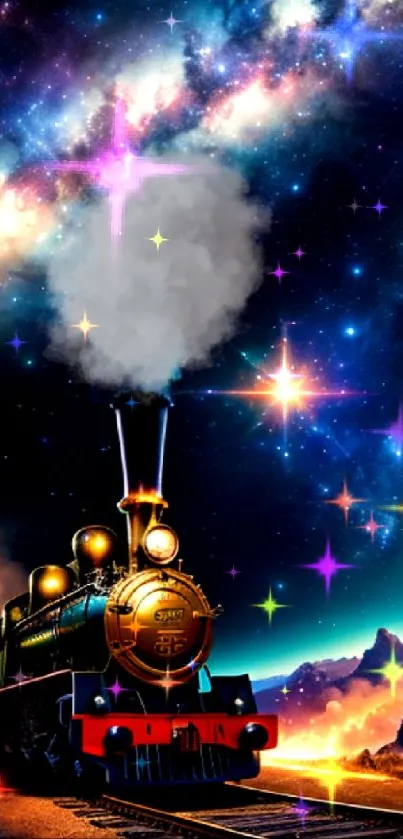Steam train under a galaxy-filled sky with vibrant cosmic colors.