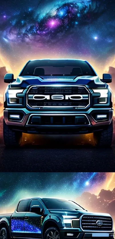 Galaxy-themed truck in cosmic landscape wallpaper design.