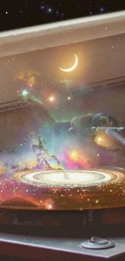 A cosmic scene with a galaxy emerging from a turntable, featuring stars and a crescent moon.