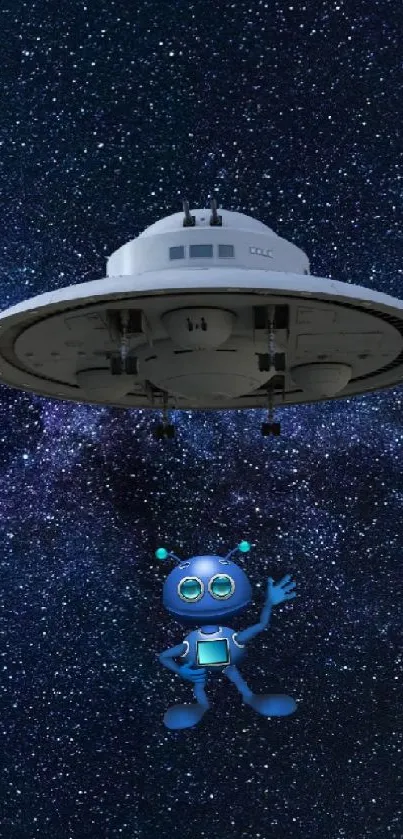 A galaxy scene with a blue robot and UFO.