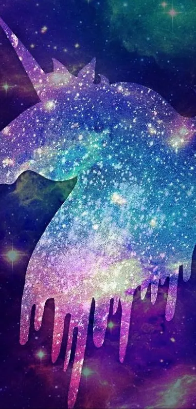 Galaxy themed unicorn silhouette on a cosmic background.