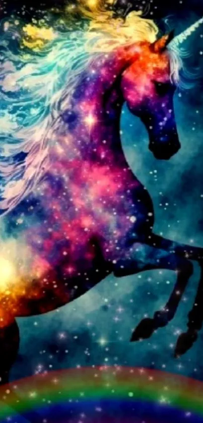 Galaxy unicorn wallpaper with rainbow hues.