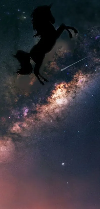 Silhouette of a unicorn against a galaxy night sky wallpaper.