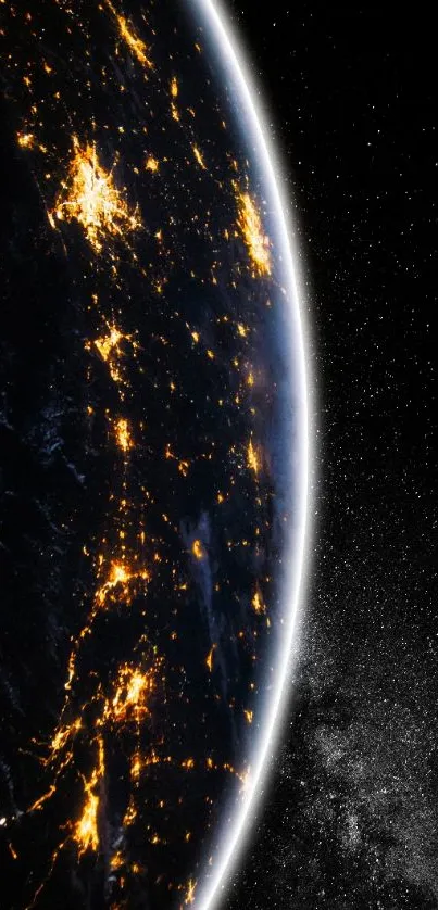 A stunning view of Earth lit up at night, with a star-studded galaxy backdrop.