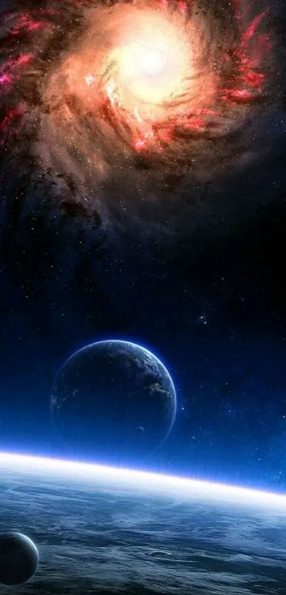 Mobile wallpaper showing a swirling galaxy and distant planets.