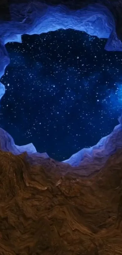 Starry night sky through a rocky cave opening, revealing cosmic beauty.