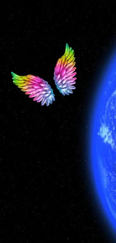 Earth with vibrant wings floating in cosmic space background.