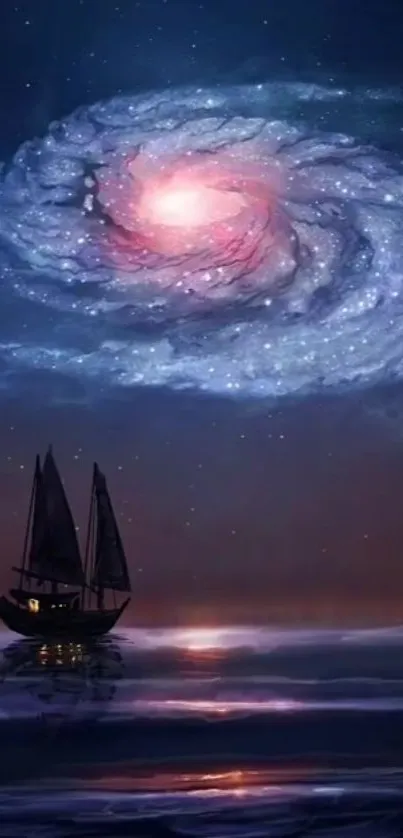 Sailing ship under galaxy night sky wallpaper.