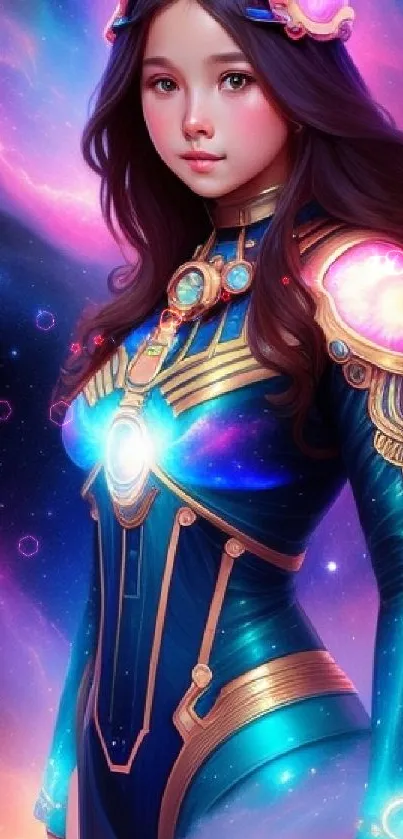 Colorful digital art of a galaxy warrior with cosmic elements.