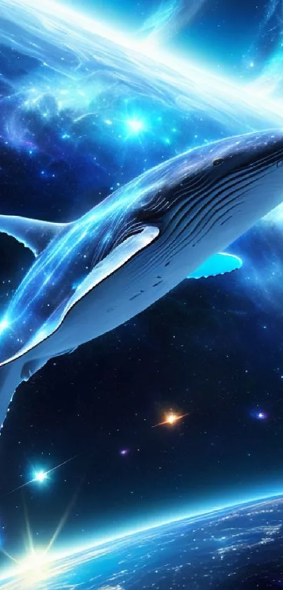 A mesmerizing galaxy whale floating in space above Earth.