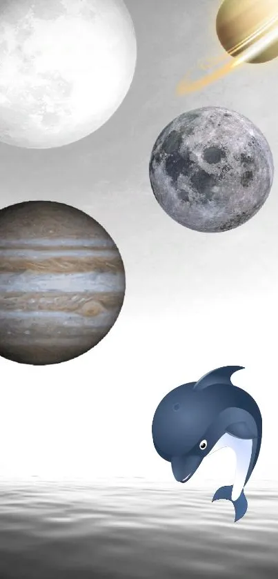 Mobile wallpaper featuring planets and a dolphin on a gray background.