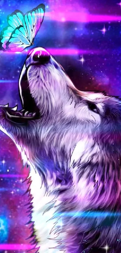 Beautiful galaxy wolf and butterfly art with vibrant cosmic colors.