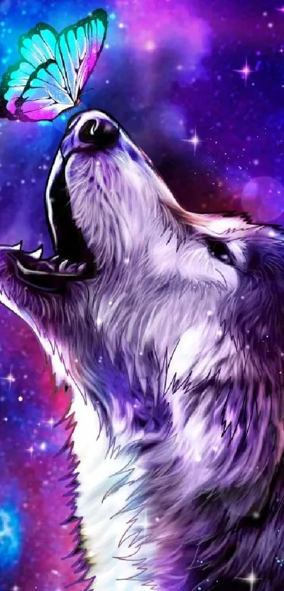 Wolf howling at butterfly in vibrant galaxy art.