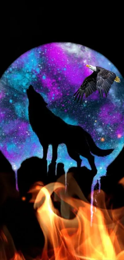 Silhouette of a wolf and eagle in front of a galaxy-themed moon with fire at the bottom.