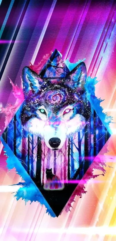 Colorful galaxy wolf design mobile wallpaper.