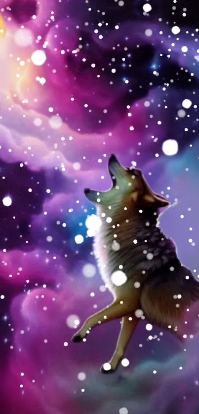 Wolf howling against a galaxy background with stars and cosmic colors.