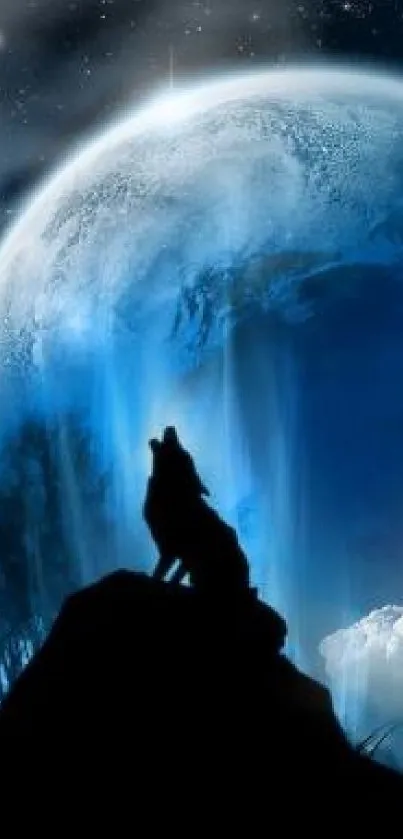 Wolf silhouette howling under a starry night sky with a glowing blue moon.