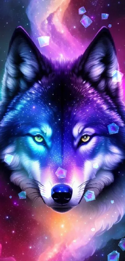 Galaxy wolf with vibrant cosmic colors in a mystical mobile wallpaper.