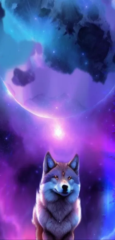 Galaxy wolf with a cosmic moon in a fantasy art style.