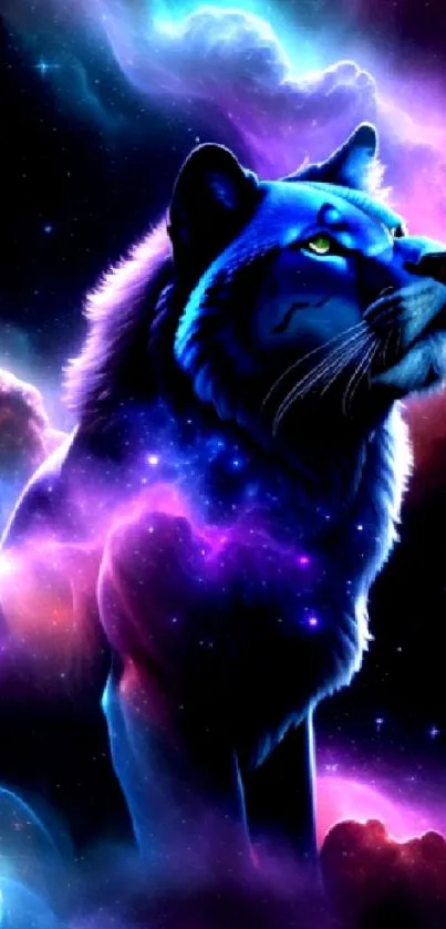 A majestic wolf set against a vibrant, cosmic galaxy backdrop.