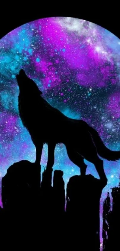 Wolf silhouette against a purple galaxy sky.