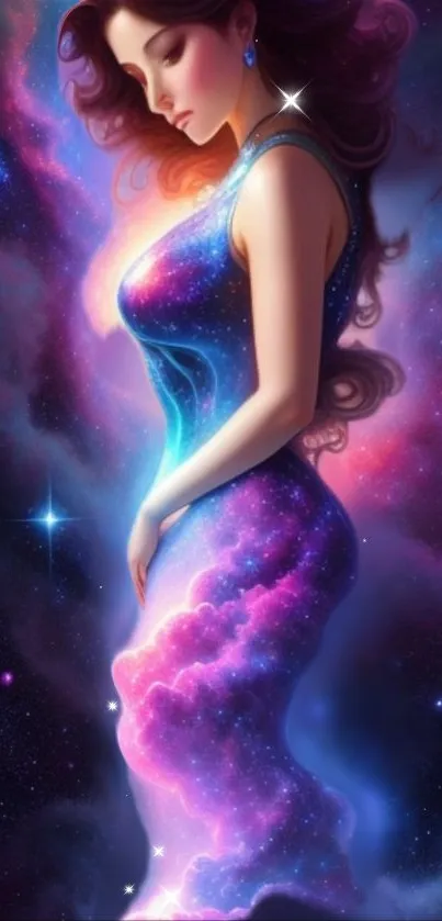 Ethereal woman in galaxy-inspired dress with vibrant cosmic background.