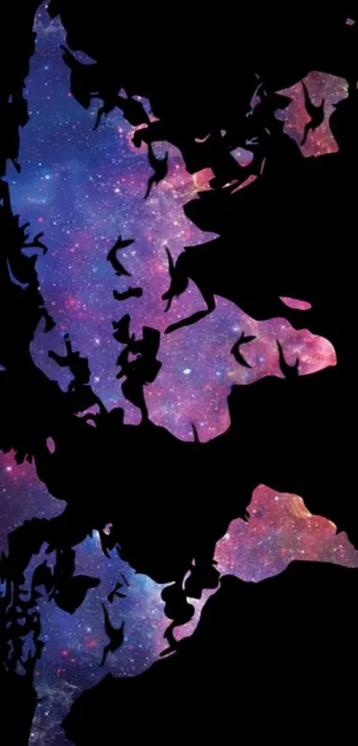 Galaxy world map wallpaper with purple and pink hues on a black background.