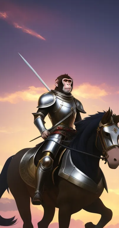 Valiant monkey knight on horse under sunset sky.