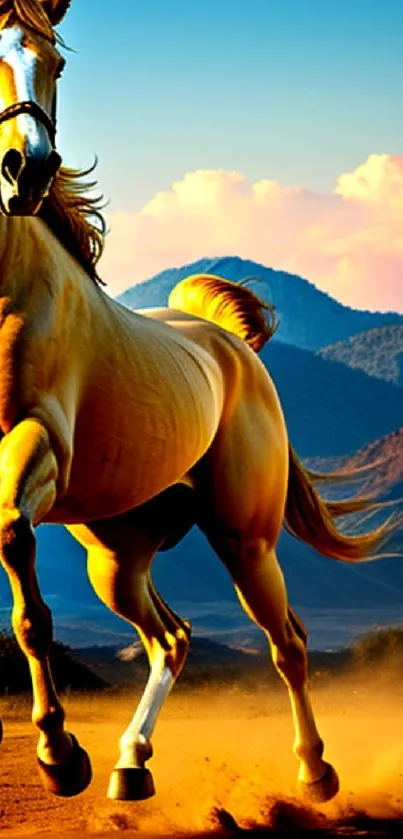 Golden horse galloping across a dramatic sunset landscape with mountains.