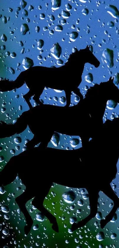 Three black horse silhouettes on dewy blue background with raindrop patterns.