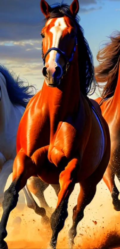 Three horses gallop on desert sand during a vibrant, sunset-lit scene.