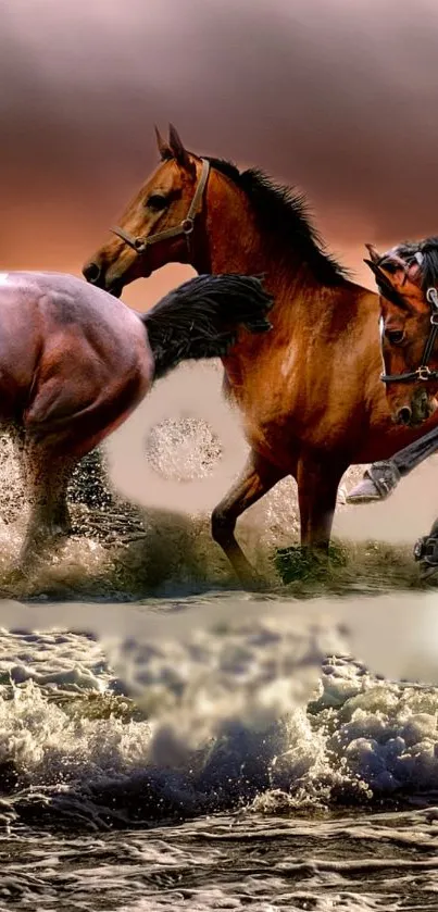 Galloping horses at sunset over ocean waves.