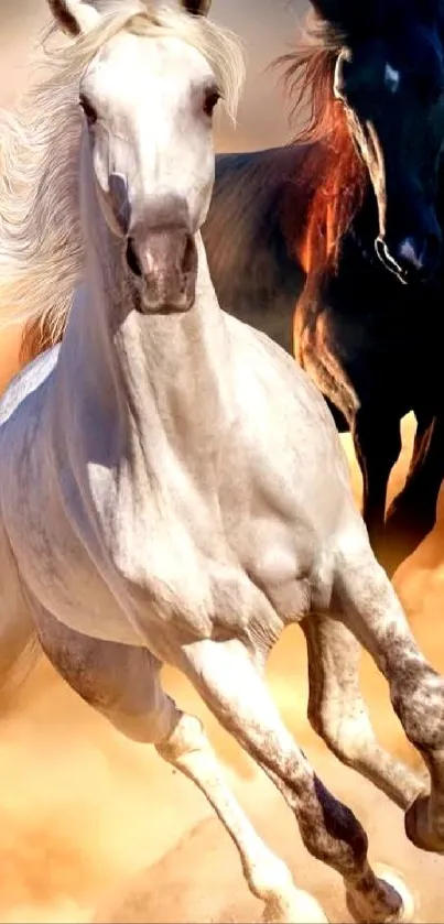 Majestic horses galloping through dust clouds creating a dynamic scene.