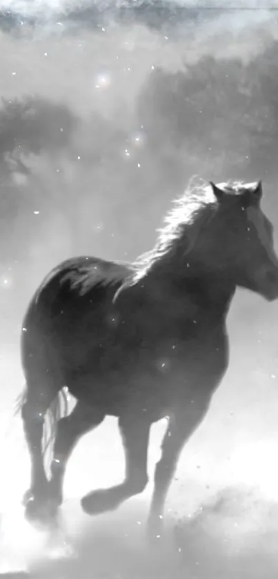 Black and white wallpaper of galloping horses creating a dynamic scene.