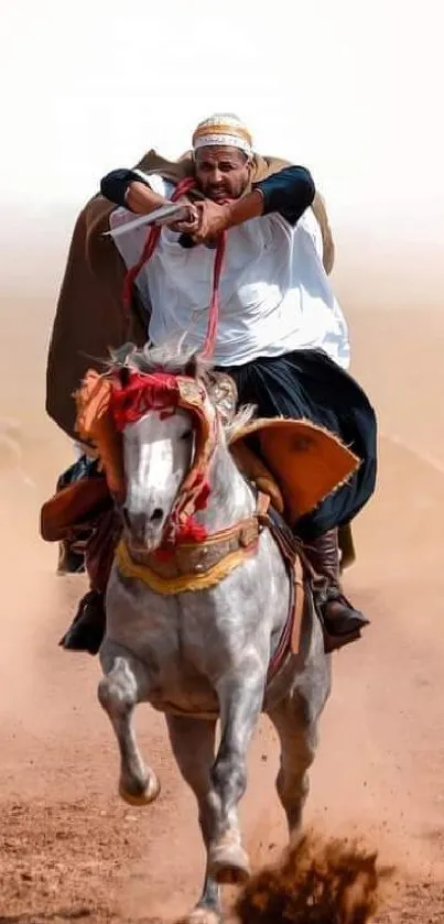 Galloping rider and horse in desert dust scene.