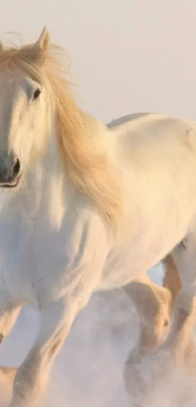White horse galloping through snowy landscape sea wallpaper.