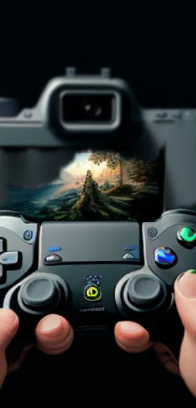 Game controller with fantasy scene on a phone wallpaper.