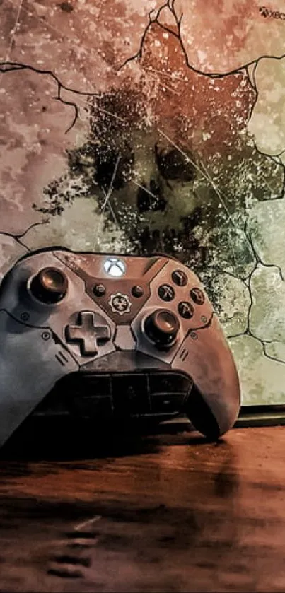 Gaming console with creative artwork wallpaper.