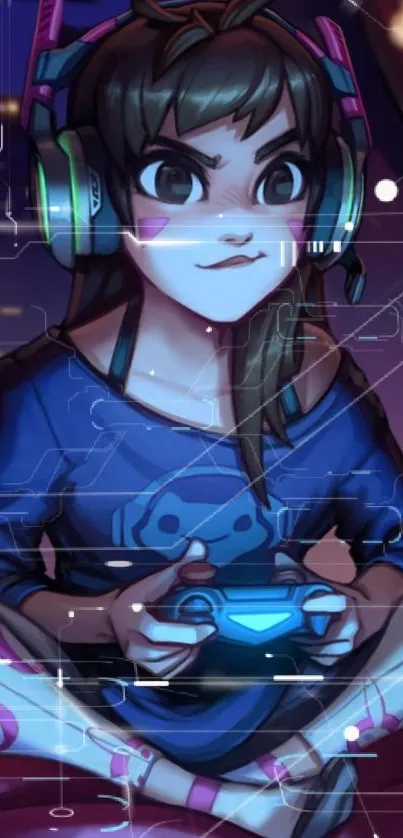 Anime-style girl gaming in neon artwork.