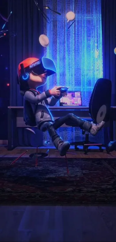 A gamer floating in a VR world with neon colors and gaming setup.