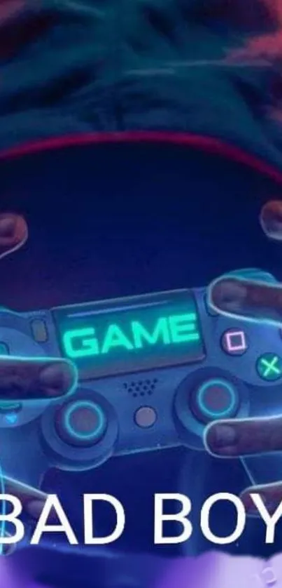 Neon blue game controller with hooded figure and 'Bad Boy' text.