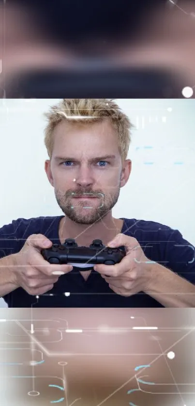 Focused gamer holding a game controller.