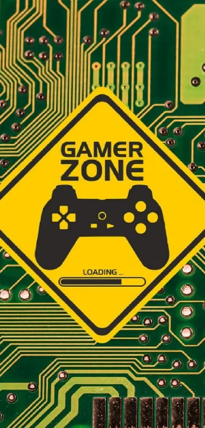 Gamer Zone wallpaper with green circuits and yellow sign.